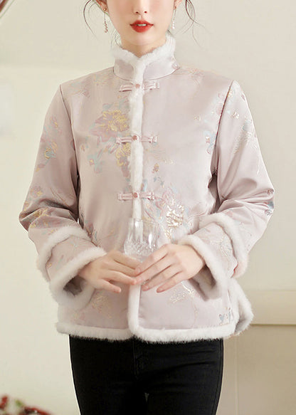 Parka épaisse en patchwork avec col en fourrure rose de style chinois pour l'hiver QG030