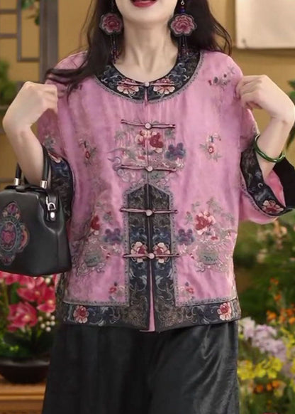 Chemise en coton à col rond rose de style chinois, haut d'été à boutons orientaux FF016