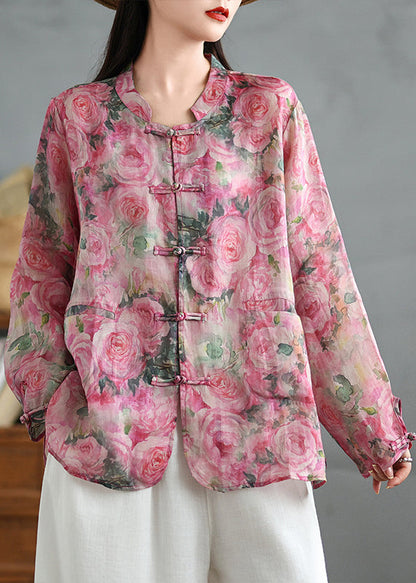 Chemise en lin à boutons orientaux à imprimé rose de style chinois Manteau d'automne QO080