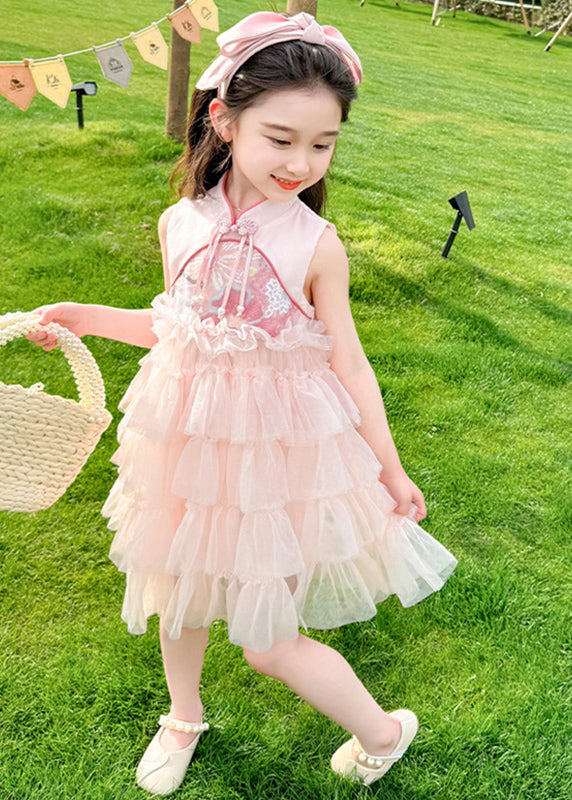 Chinesischen Stil Rosa Stehkragen Rüschen Patchwork Quaste Tüll Kinder Maxi Kleid Sommer XZ031