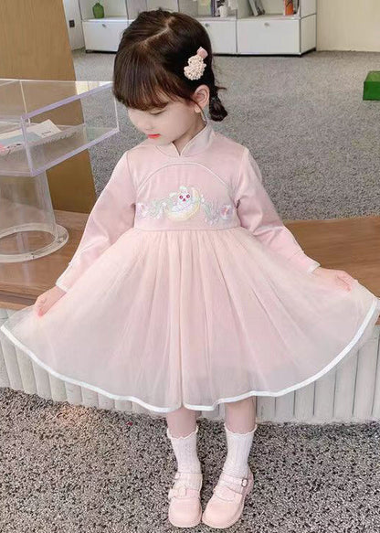 Robe de fille en tulle rose à col montant et manches longues style chinois XZ018