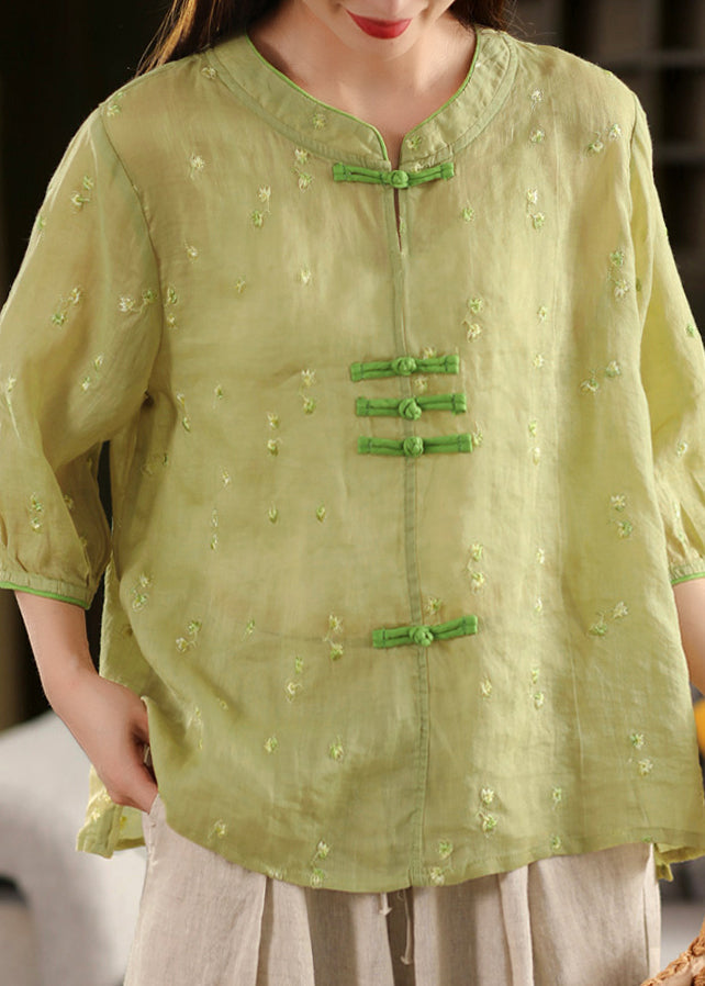 Haut d'été oriental en lin brodé violet avec boutons, style chinois