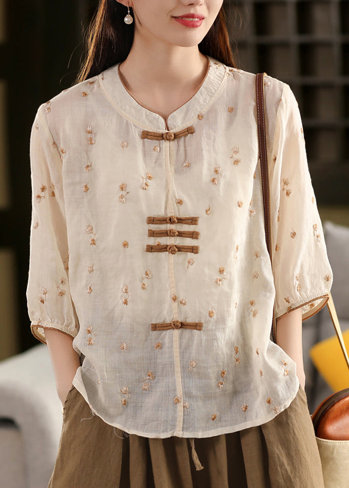 Haut d'été oriental en lin brodé violet avec boutons, style chinois