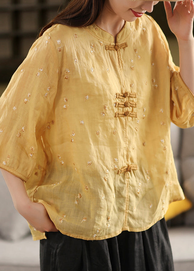 Haut d'été oriental en lin brodé violet avec boutons, style chinois