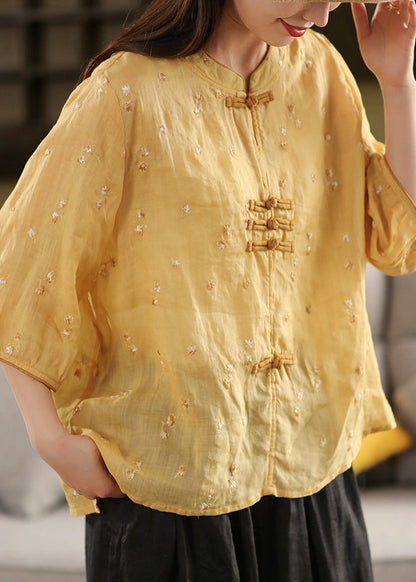 Haut d'été oriental en lin brodé violet avec boutons, style chinois