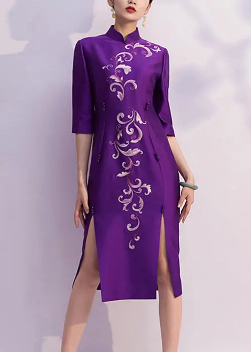 Chinese Style Purple Embroidered Side Open Silk Dresses Half Sleeve Ada Fashion