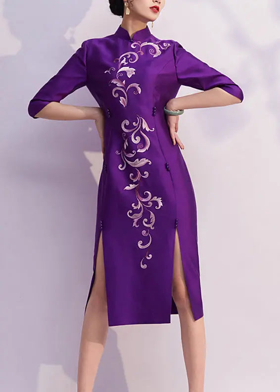 Chinese Style Purple Embroidered Side Open Silk Dresses Half Sleeve Ada Fashion