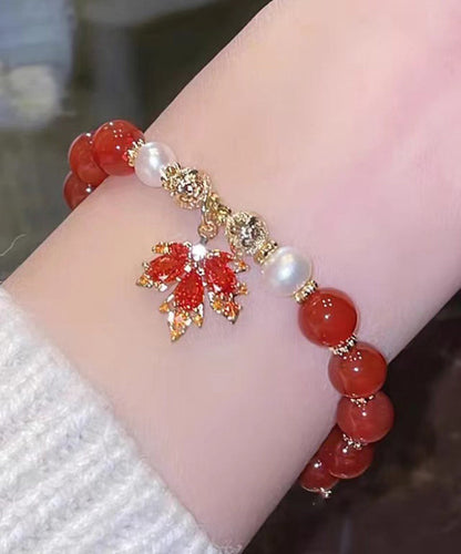 Chinesischen Stil Rot Kupfer Legierung Achat Maple Leaf Perle Charme Armband YI044