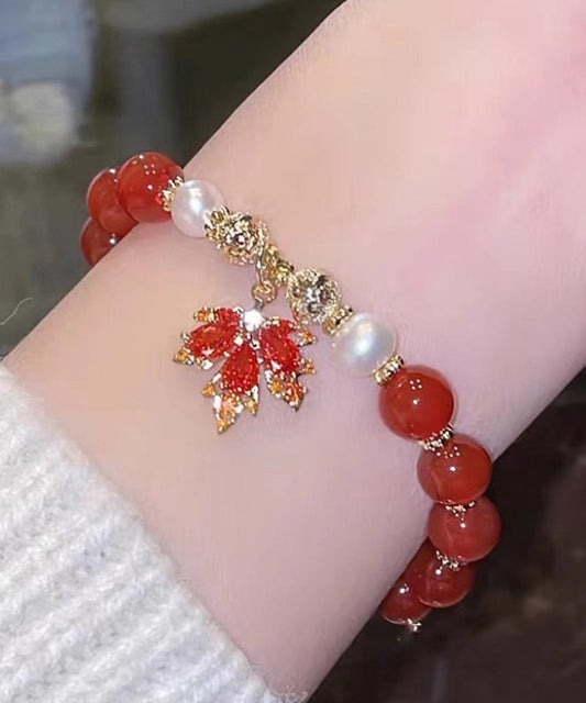 Chinesischen Stil Rot Kupfer Legierung Achat Maple Leaf Perle Charme Armband YI044