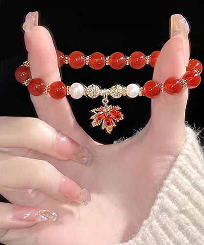 Chinesischen Stil Rot Kupfer Legierung Achat Maple Leaf Perle Charme Armband YI044