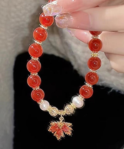 Chinesischen Stil Rot Kupfer Legierung Achat Maple Leaf Perle Charme Armband YI044