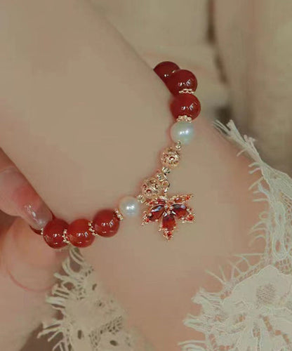 Chinesischen Stil Rot Kupfer Legierung Achat Maple Leaf Perle Charme Armband YI044