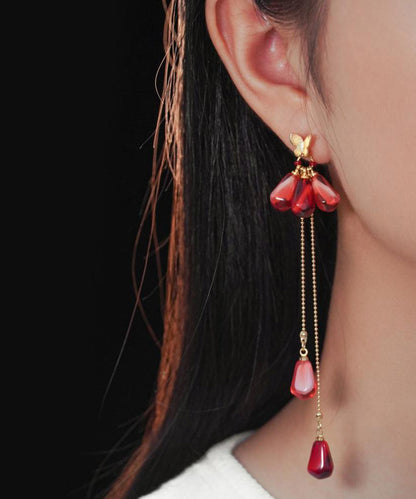 Boucles d'oreilles pendantes à pampilles en perles de verre et résine surdorées en cuivre rouge de style chinois QJ036