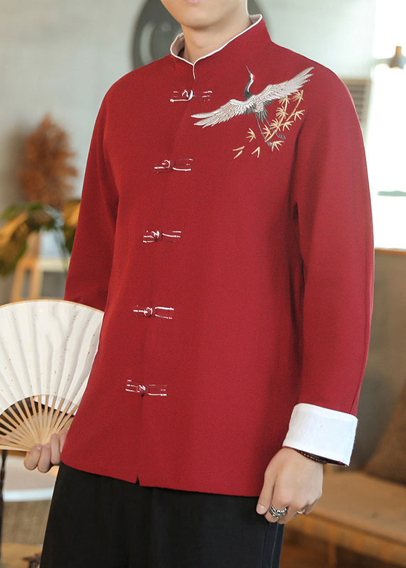 Chinese Style Red Embroideried Button Cotton Shirt Men Fall WJ039