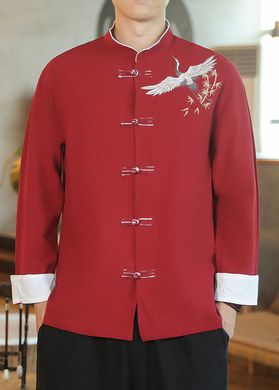 Chinese Style Red Embroideried Button Cotton Shirt Men Fall WJ039