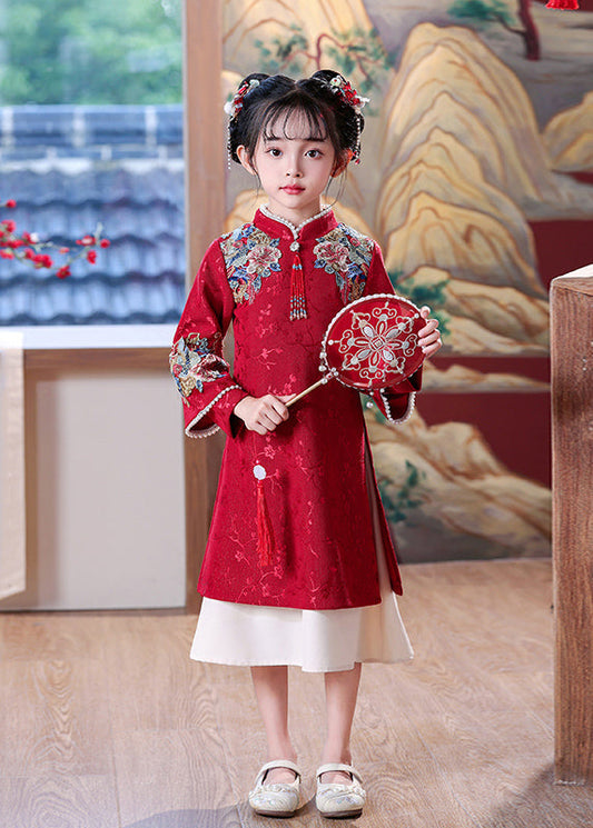 Chinesisches Kleid Kinder Bestickt Maxi Rot Nagel Perle Stil Frühling