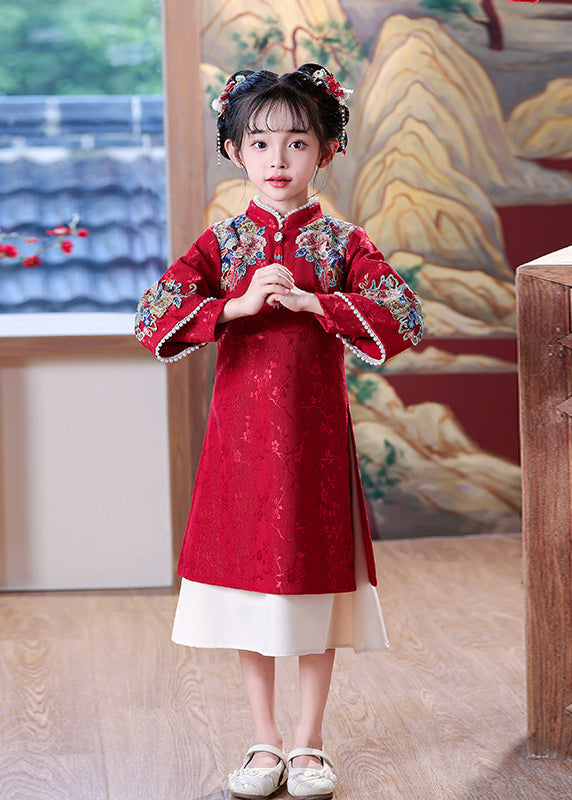 Chinesisches Kleid Kinder Bestickt Maxi Rot Nagel Perle Stil Frühling