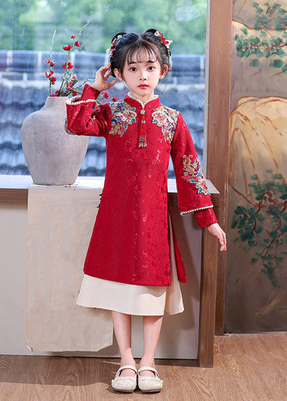 Chinesisches Kleid Kinder Bestickt Maxi Rot Nagel Perle Stil Frühling