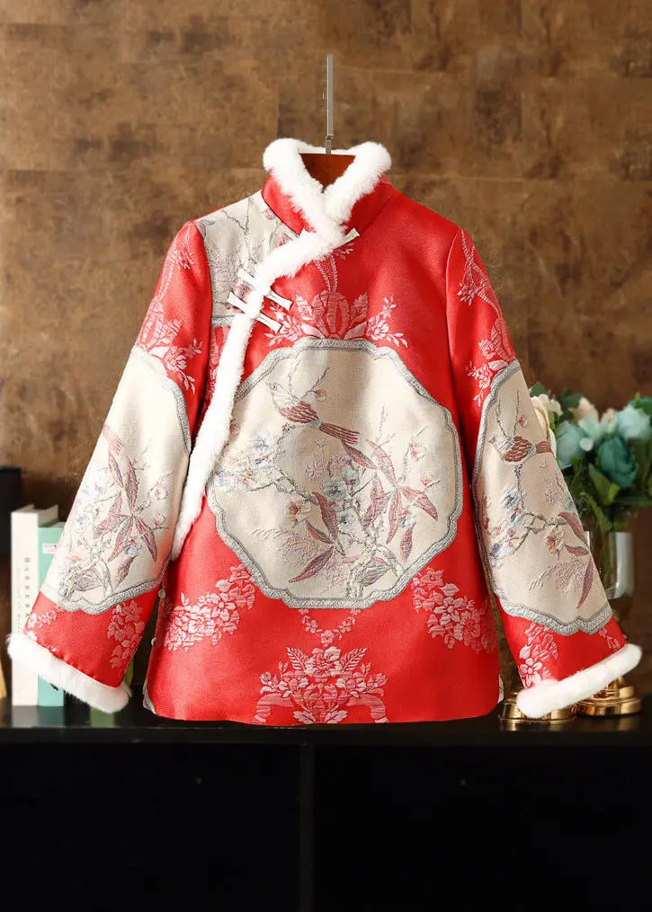 Chinese Style Red Fur Collar Embroidered Patchwork Parka Winter Ada Fashion