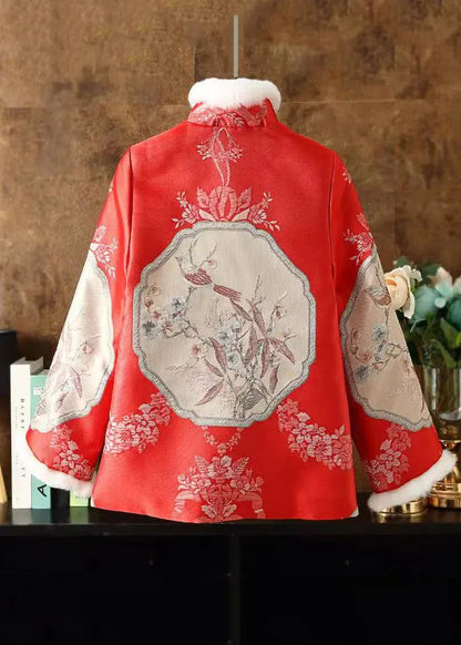 Chinese Style Red Fur Collar Embroidered Patchwork Parka Winter Ada Fashion