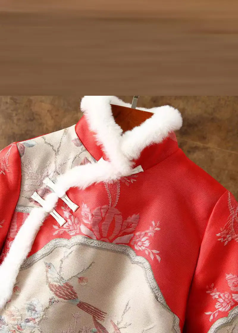 Chinese Style Red Fur Collar Embroidered Patchwork Parka Winter Ada Fashion