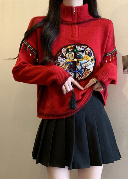 Chinesischen Stil Rot Hign Neck Bestickt Stricken Pullover Frühling TQ032