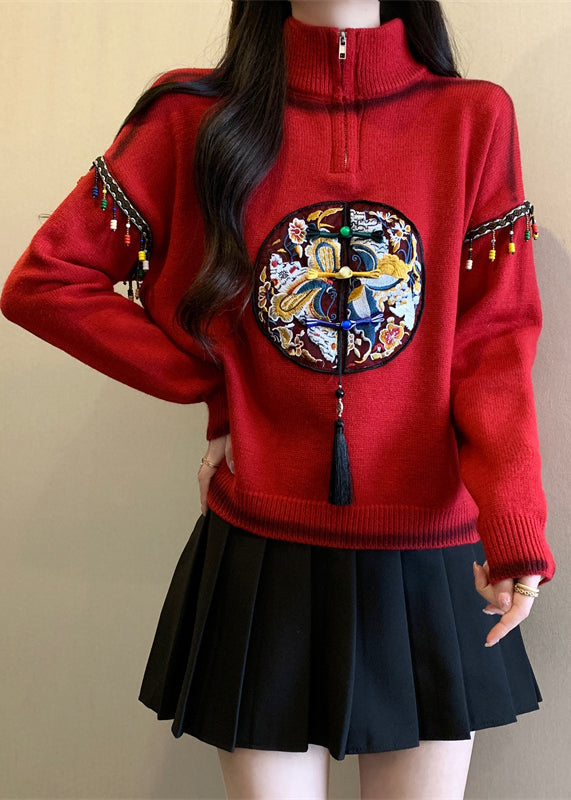 Chinesischen Stil Rot Hign Neck Bestickt Stricken Pullover Frühling TQ032