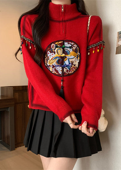 Chinesischen Stil Rot Hign Neck Bestickt Stricken Pullover Frühling TQ032