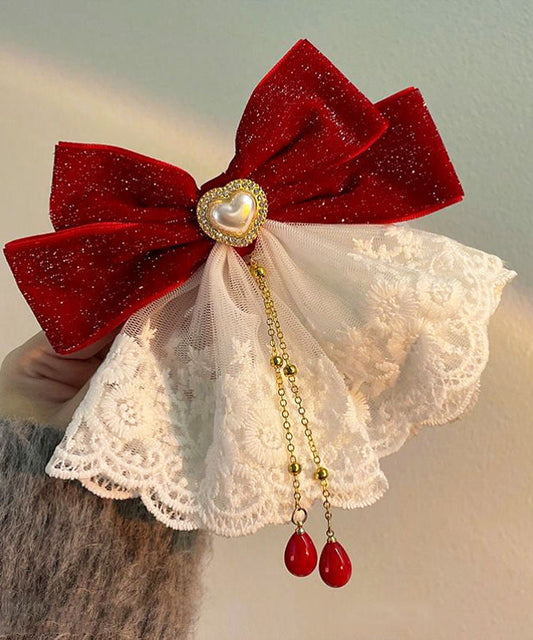 Épingle à cheveux papillon en métal rouge de style chinois avec dentelle et perles YA039