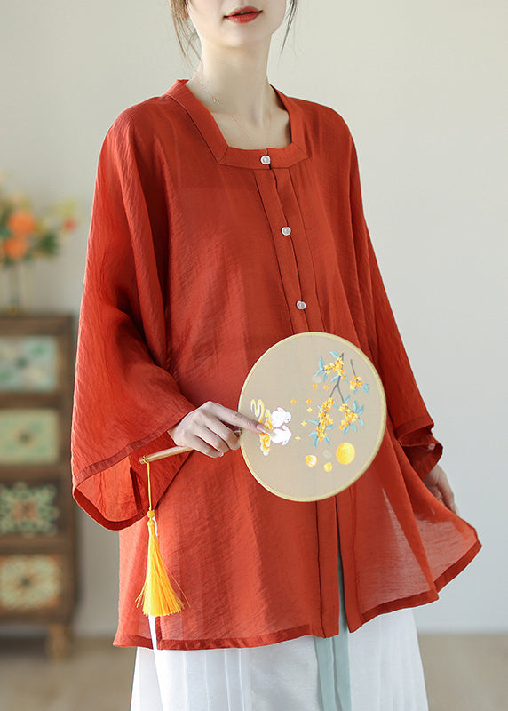 Chinese Style Red Patchwork Square Collar Silk Linen Top Fall AP066