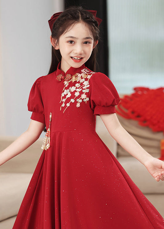 Chinesische Lange Print Kinder Patchwork Stil Ärmel Rot Kleid Puff