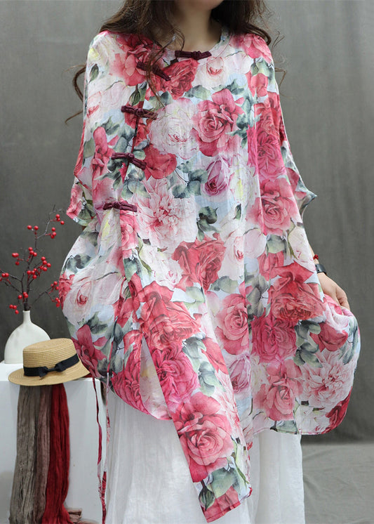 Sleeve Print Half Chinese Shirts Red Roses Style Cotton