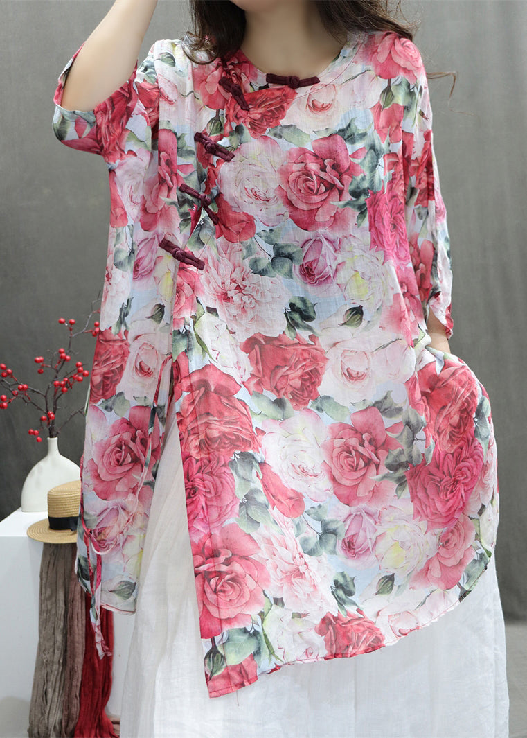 Sleeve Print Half Chinese Shirts Red Roses Style Cotton