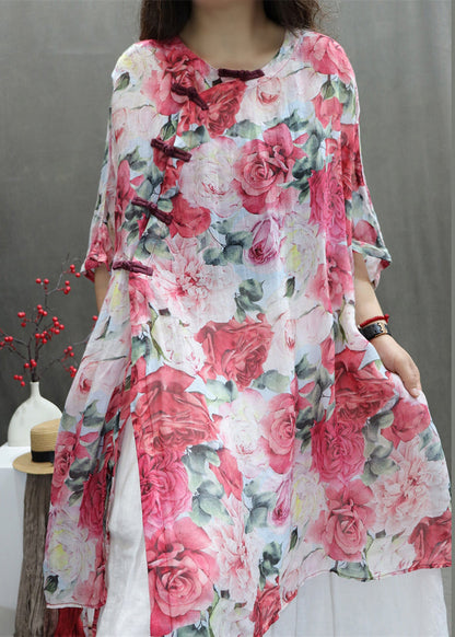 Sleeve Print Half Chinese Shirts Red Roses Style Cotton