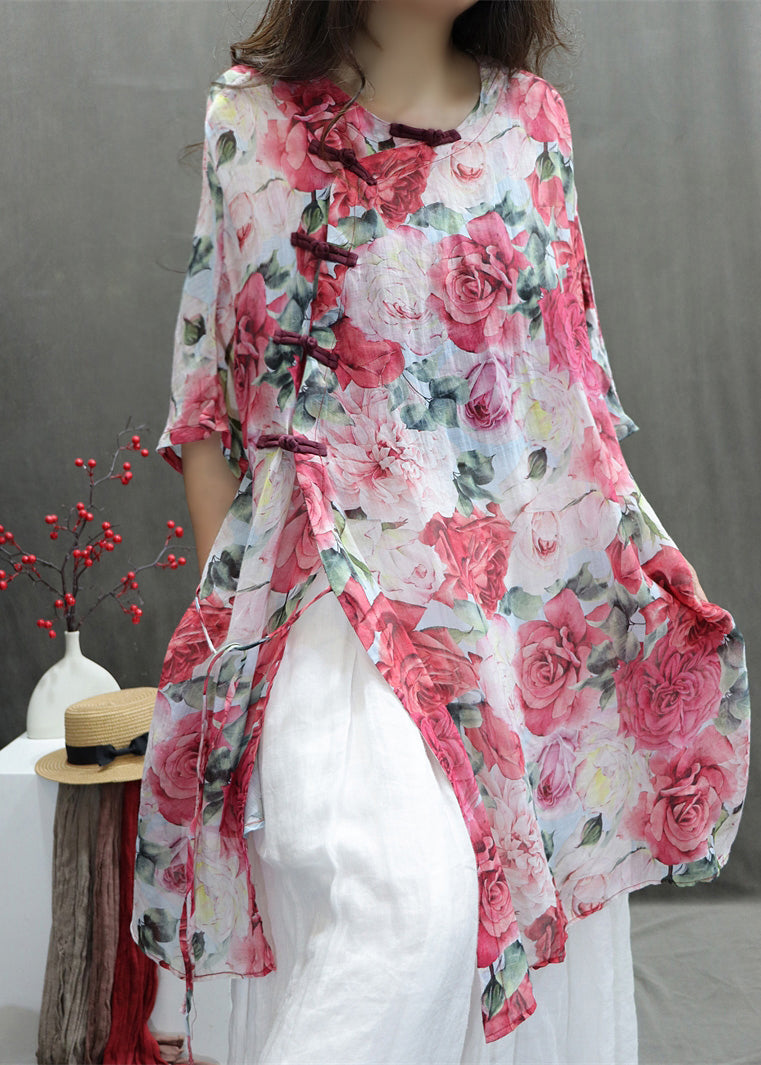 Sleeve Print Half Chinese Shirts Red Roses Style Cotton