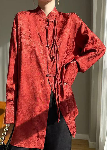 Chemise en soie rouge à col montant et boutons de style chinois Automne AB1002