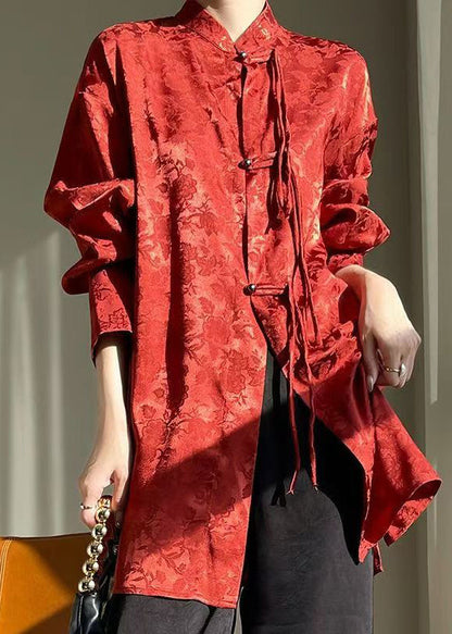 Chemise en soie rouge à col montant et boutons de style chinois Automne AB1002