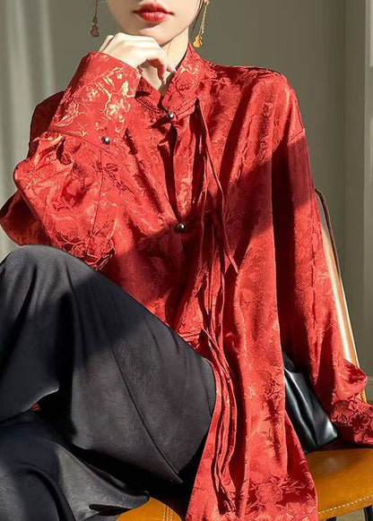 Chemise en soie rouge à col montant et boutons de style chinois Automne AB1002