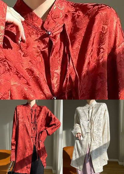 Chemise en soie rouge à col montant et boutons de style chinois Automne AB1002