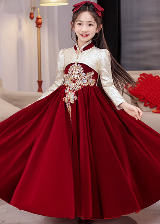 Chinesischen Stil Rot Stehkragen Embroideried Seide Velours Kinder Lange Kleid Winter RP043