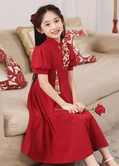 Kurzer Kragen Mädchen Chinesischer Stil Stand Patchwork Maxikleider Rot