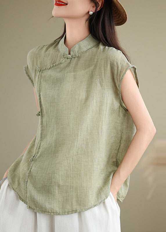 Chemise chinoise style stand à manches courtes et col patchwork en lin rouge