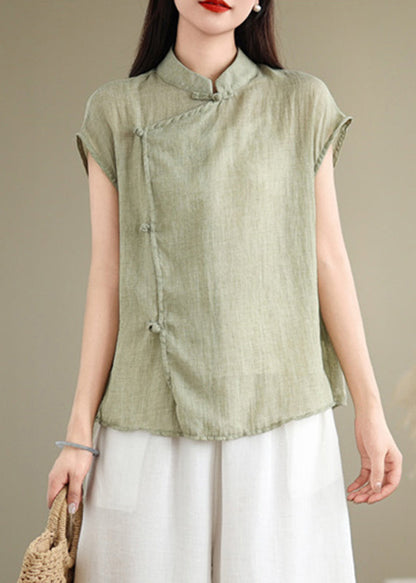 Chemise chinoise style stand à manches courtes et col patchwork en lin rouge