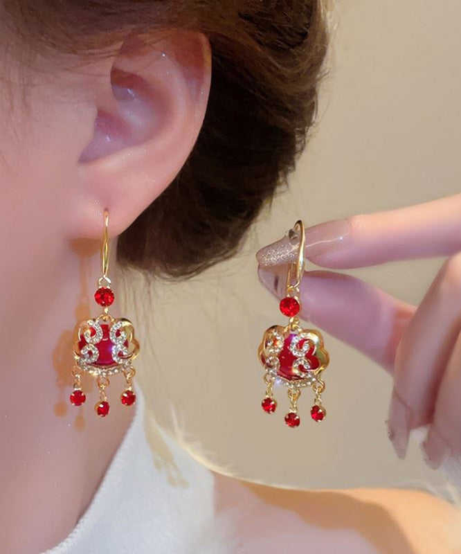 Chinese Style Red Sterling Silver Alloy Zircon Safety Lock Tassel Drop Earrings WH033