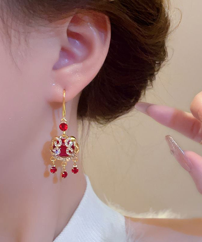 Chinese Style Red Sterling Silver Alloy Zircon Safety Lock Tassel Drop Earrings WH033