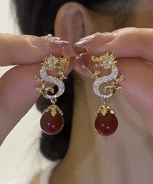 Chinese Style Red Sterling Silver Overgild Zircon Pearl Dragon Shaped Drop Earrings YX013