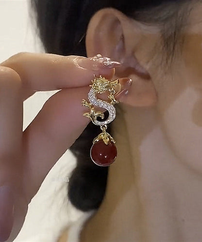Chinesischen Stil Rot Sterling Silber Overgild Zirkon Perle Drachenförmige Tropfen Ohrringe YX013