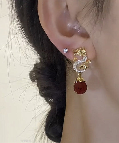 Chinesischen Stil Rot Sterling Silber Overgild Zirkon Perle Drachenförmige Tropfen Ohrringe YX013