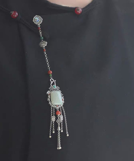 Chinesischen Stil Seide Sterling Silber Jade Kette Quaste Broschen TX008