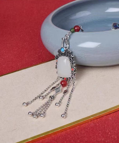 Chinesischen Stil Seide Sterling Silber Jade Kette Quaste Broschen TX008